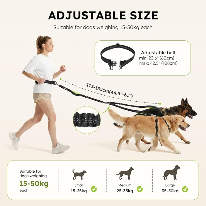 Pecute Hands Free Dog Leash for 2 Dogs, Waist Belt with Pouch, No Tangle | Shock absorbing bungee, dual padded handles, detachable waterproof fanny pack, heavy duty for large dogs, running & hiking
