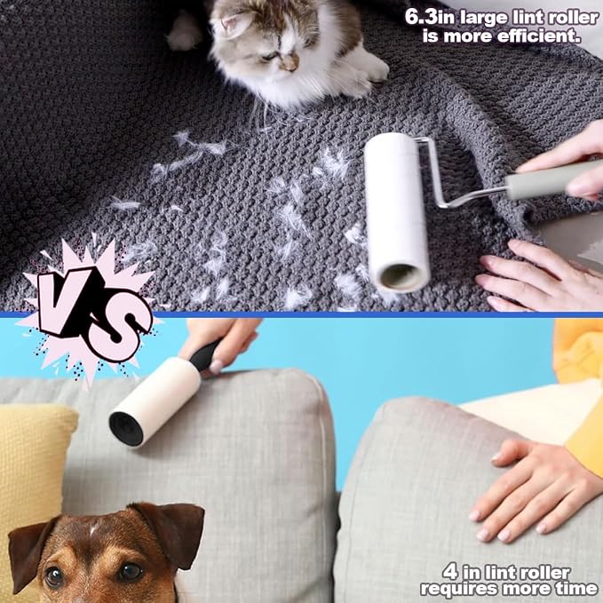 Extra Sticky Large Surface Lint Roller,6.3'' Giant Lint Roller Refills,5 Rolls 450 Sheets,Long Handle Lint Remover,Easily Remove Carpets, Clothes, Couch and Curtains Dust