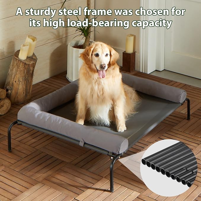 Cooling Elevated Dog Bed for Large Dogs – Waterproof Raised Dog Cot with Slope Headrest, Breathable Teslin Mesh, Durable & Portable Pet Bed for Indoor and Outdoor Use, Grey