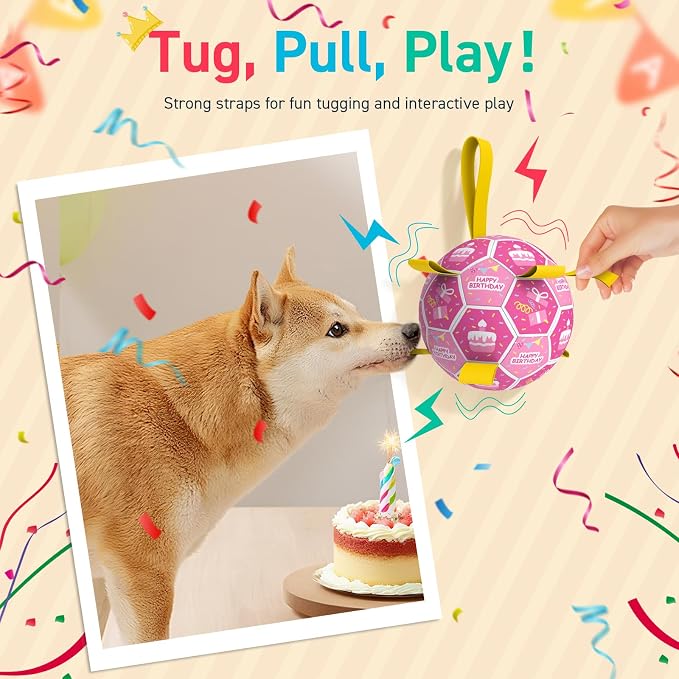 QDAN Dog Birthday Toys, Puppy Gifts, Dog Soccer Ball with Straps, Pink | 8 Inch Outdoor Herding Balls for 30-90 lbs Dogs, Interactive Training Soccer Toy for Tug of War, Dog Ball to Keep Them Busy