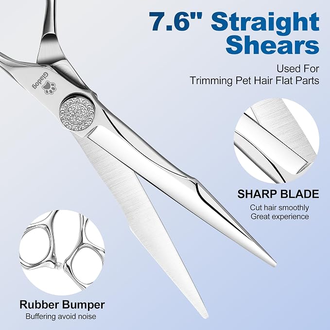 GLADOG Luxury Dog Grooming Scissors Set - 7" Straight, 6.5" Thinning, 7" Chunkers, 7" Curved - 9CR Steel, Silver Luxe, Right Hand, Plastic Handle, 4 Count