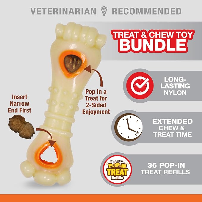Nylabone Power Chew Knuckle Bone & Pop-in Dog Treat Toy & 30 Treat Refills | Large breeds, chicken flavor, all-natural treats, dog enrichment, interactive dog toys to keep them busy, dogs up to 50 lbs
