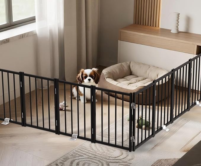 BFNN Small Dog Gate Indoor, Up to 96" W Freestanding Pet/Puppy Fence, Black | Flexible Space Control | Chewproof Steel Frame | 16.5" Step-Over Gate | Foldable | Drill-Free Setup | For Stairs & Doorways