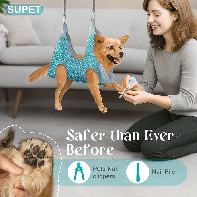 Supet Dog Grooming Hammock for Nail Trimming, Pet Grooming Hanging Harness | Restraint Dog Leashes Sling, Stress-Free Animal Holder Set for Clipping Nails, Ear & Eye Cleaning, Medicine(Coral Blue, 2XS)