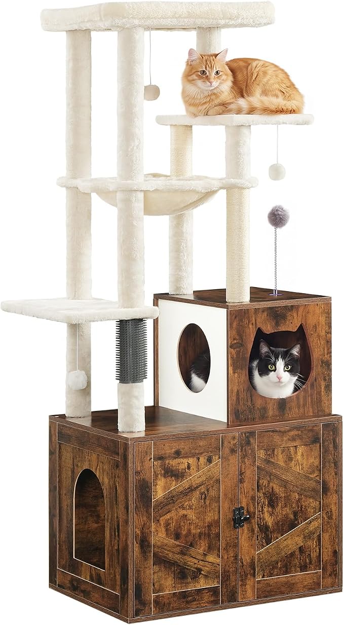HOOBRO Cat Tree with Litter Box Enclosure, Tall Cat Tower for Indoor Cats, All-in-One Modern Cat Condo, Hidden Litter Box Enclosure Furniture, Rustic Brown FG51MZ03