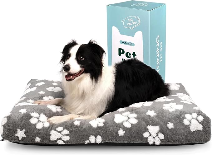 Cute Fluffy Dog Beds for Large Dogs, 35"x 22", Grey Paw | Thick Dog Bed for Crate Kennel, Pet Bed with Removable Washable Cover, Anti-Slip Bottom