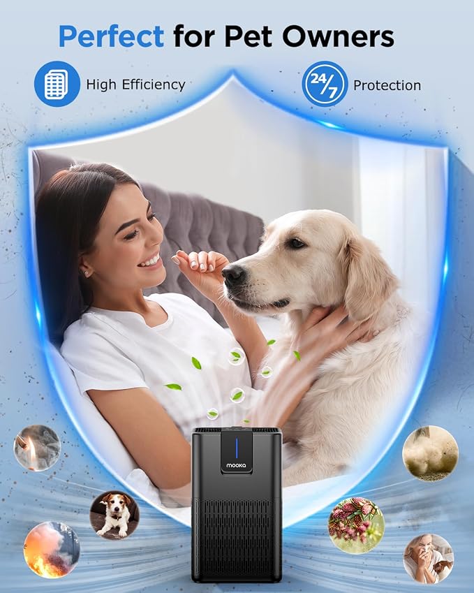 MOOKA H13 HEPA Air Purifiers for Home Large Room up to 1250 Ft², M05 Black | 15dB Ultra Quiet Air Cleaner for Bedroom Office with Aromatherapy, Perfect for Pet Hair, Dander, Dust, Smoke & Odors Filter