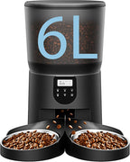 Automatic Cat Feeders for 2Cats, 6L/25cup Automatic Cat Food Dispenser with 2 Stainless Pet Bowls,10s Meal Call Timer Setting 20 Portions 6Meals Per Day, Timed Pet Feeder for Cats Dog Indoor Dry Food