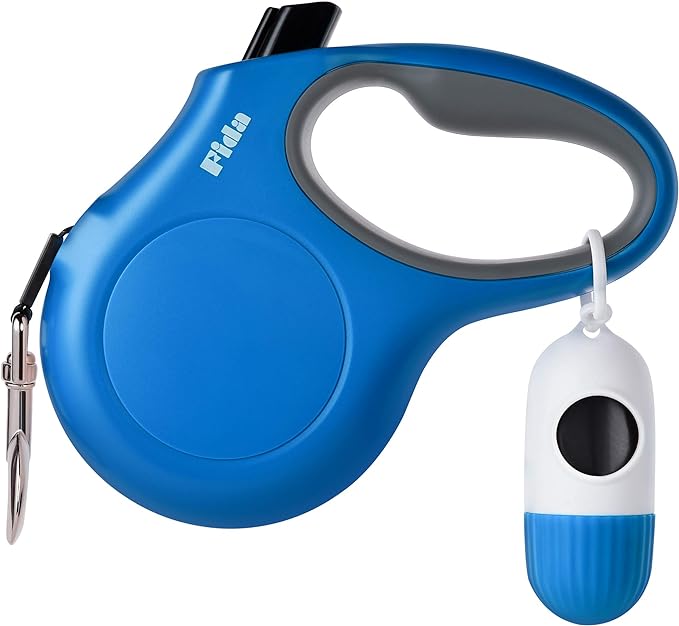 Fida Retractable Dog Leash with Dispenser and Poop Bags, 16 ft Pet Walking Leash for Large Dog up to 110 lbs, Anti-Slip Handle, Tangle Free, Reflective Nylon Tape (L, Blue)