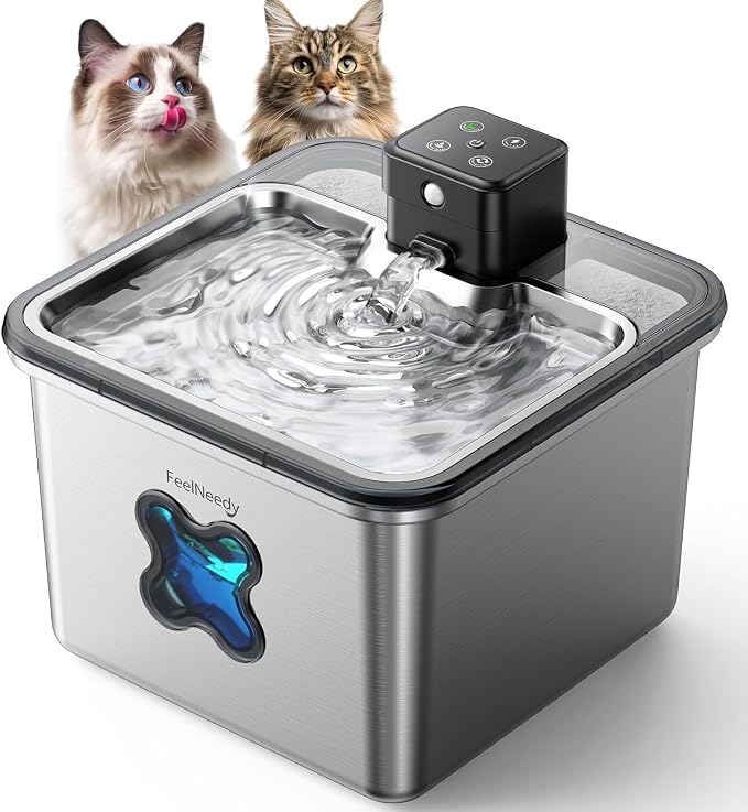 Cordless Cat Water Fountain : [Visual Filter] & [Heavy-Duty Stainless Steel] 3.2L/108oz, FEELNEEDY- Premium, Durable Design, 4000mAh Battery Operated Pet Fountain with Sensor, FN-W17 for Cats and Dogs