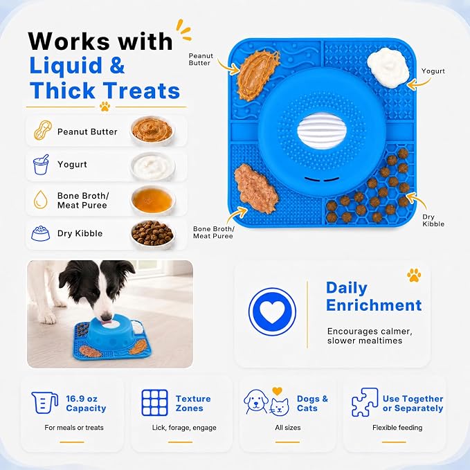 2-in-1 Slow Feeder Dog Bowl, Rolling Ball & Lick Mat, Large Blue | 16.9 oz silicone bowl mat with non-slip suction cups for liquid and thick treats, for large, medium, small dogs and cats