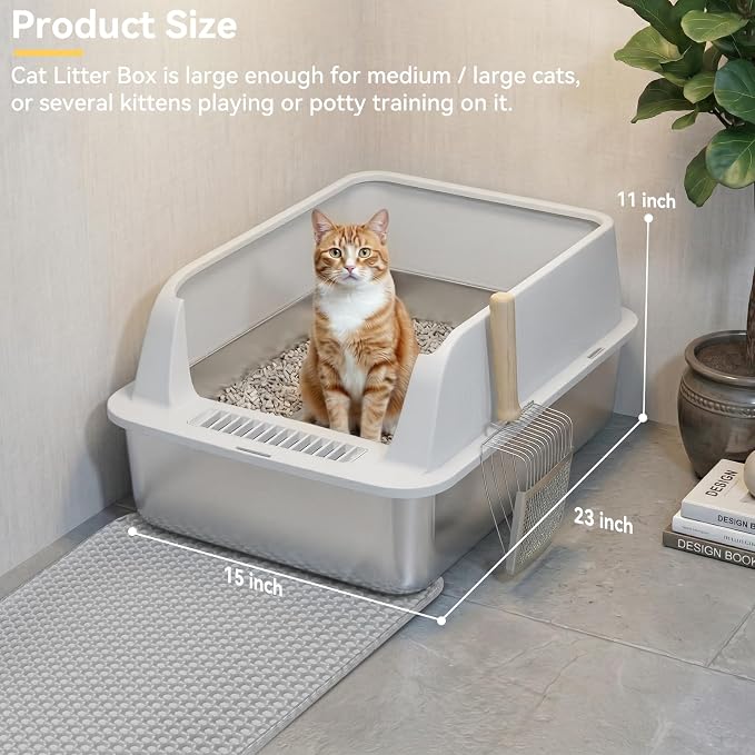 Stainless Steel Litter Box, XL High Sided Enclosed Cat Litter Boxes with Lid for Big Cats, Anti-Urine Leakage Includes Litter Mat & Metal Scoop