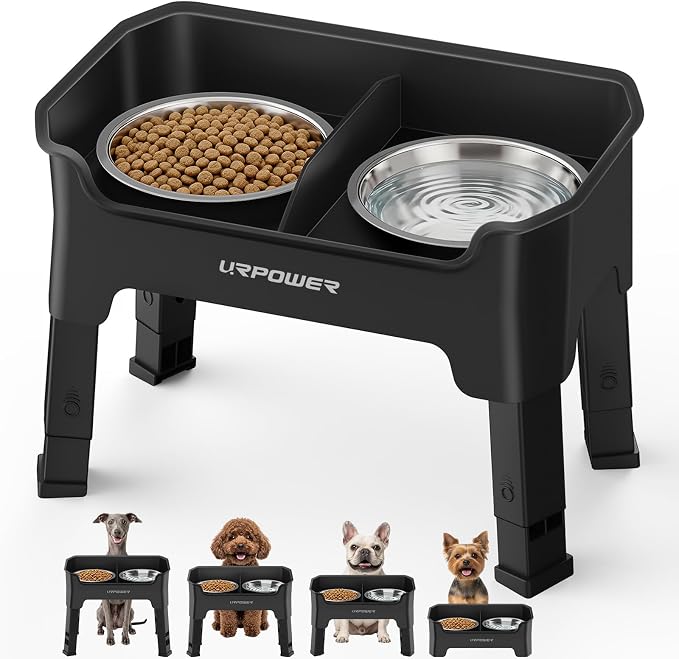 URPOWER Mess Proof Elevated Dog Bowls for Small Dogs with Splash Guard | 4 Height Adjustable Raised Stand with 2 Stainless Steel Food Bowls & Licking Plate for Small, Medium & Large Dogs