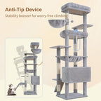Heybly Tall Cat Tree for Large Cat, 80-inch Multi-Level Cat Tower HCT038W | Condo Furniture for Indoor Cats with Large Baseboard, 2 Widened Plush Perches, Scratching Board, Big Caves, Light Gray