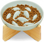 Slow Feeder Bowl for Cats and Small Dogs,Cilkus Fish Pool Design, Fun Interactive Bloat Stop Puzzle Feeder Bowl Healthy Eating Diet Made of Melamine Food Grade Material (Green Ceramic-Bamboo Stand)