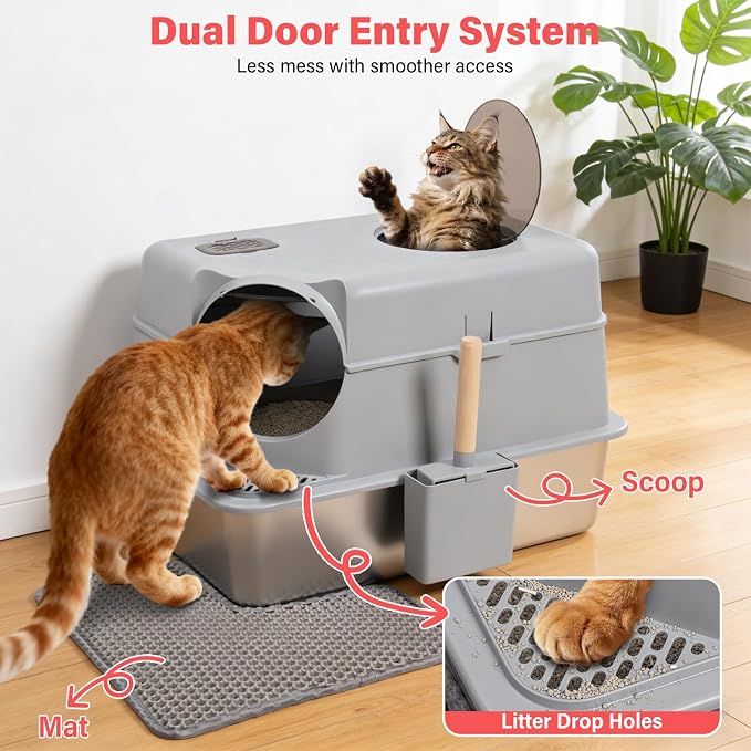 Extra Large XL Stainless Steel Litter Box with Lid, Light Grey | Front Entry Top Exit, Include Scoop and Mat, Odor-Free, Anti-Urine Leakage, Non-Sticky, Easy Cleaning