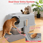 Extra Large XL Stainless Steel Litter Box with Lid, Light Grey | Front Entry Top Exit, Include Scoop and Mat, Odor-Free, Anti-Urine Leakage, Non-Sticky, Easy Cleaning