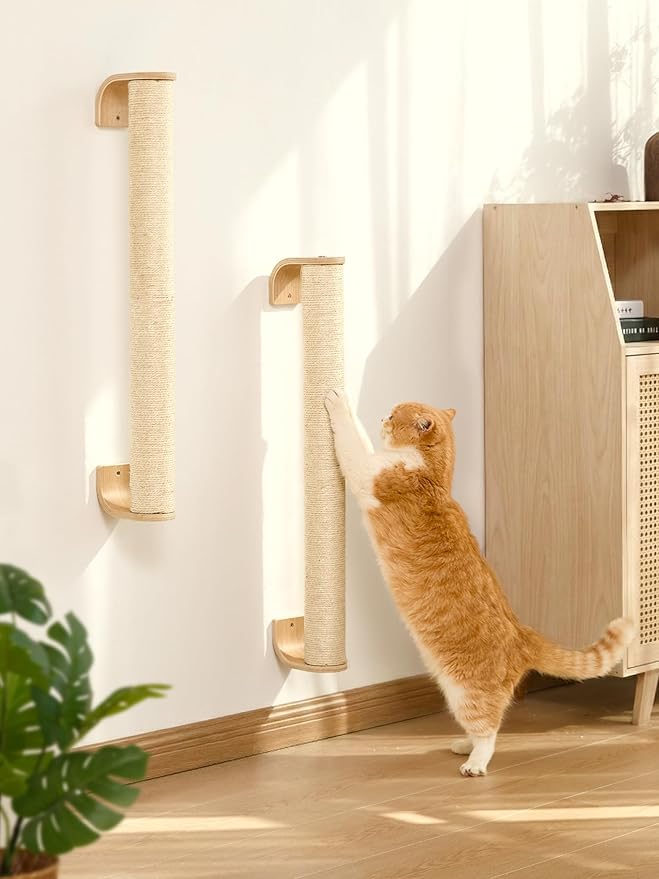 FUKUMARU Cat Wall Scratcher, 60" Tall Kitten Scratching Post | Natural Sisal Pole, Wall Mounted Climbing Tree for Indoor Large Cats
