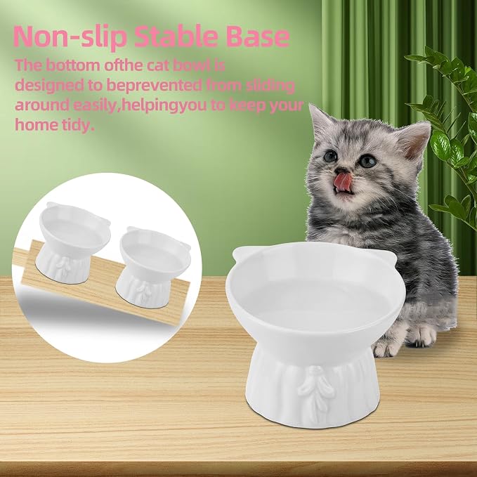 Elevated Cat Bowls 2-Pack, Ceramic Raised Cat Food & Water Dishes - Extra Wide & Shallow Whisker-Friendly Design, Anti-Vomit & Easy Digestion, Lead/Cadmium-Free, Microwave & Dishwasher Safe (White)