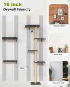 FUKUMARU Cat Wall Shelves Set, 70 inch Wall Mounted Tree, Grey | Kitten Scratching Post with Soft Cushion Perch, Space Saving Climbing Wall Furniture for 16 Inch Drywall