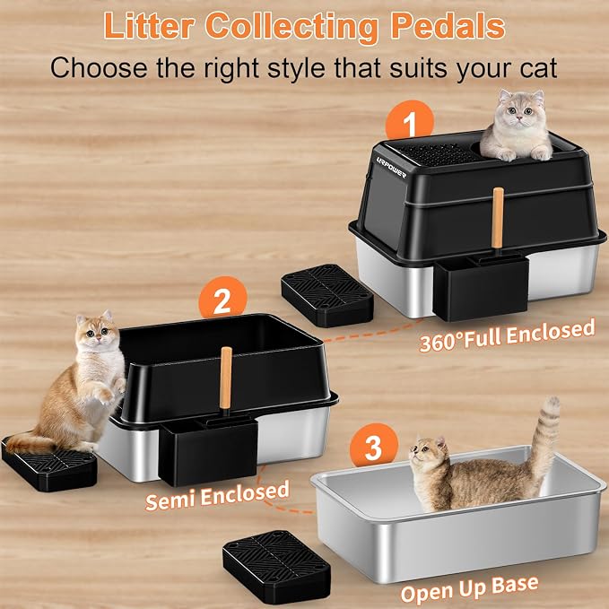 URPOWER Extra Large Stainless Steel Litter Box with Lid for Large Cats | Non-Stick Metal Pan, Front & Top Entry, Odor Control, Anti-Leakage, Easy to Clean, Step and Scoop Included