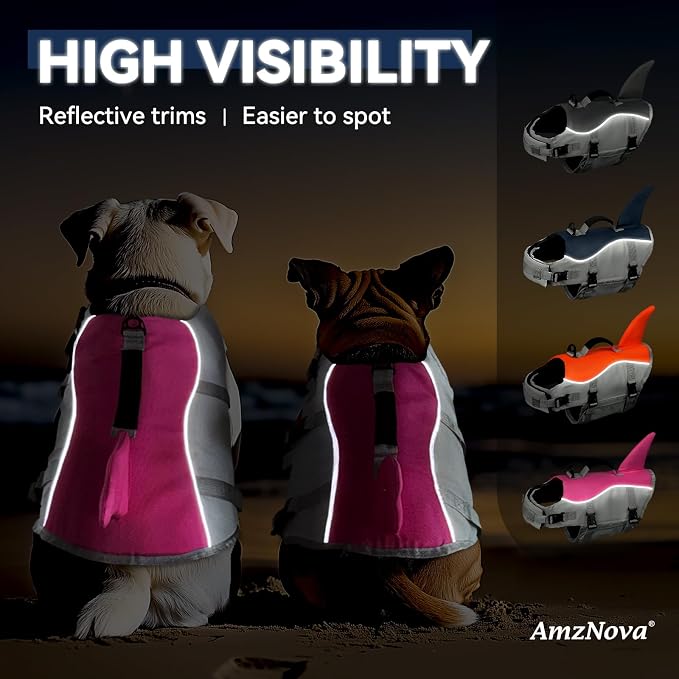AMZNOVA Dog Swim Vest Shark Dog Life Jacket Life Vest | Lifejacket with Shark Fin & Handle for Boating & Swimming, High Visibility Adjustable for Doggy Cat Puppy, XL, Pink