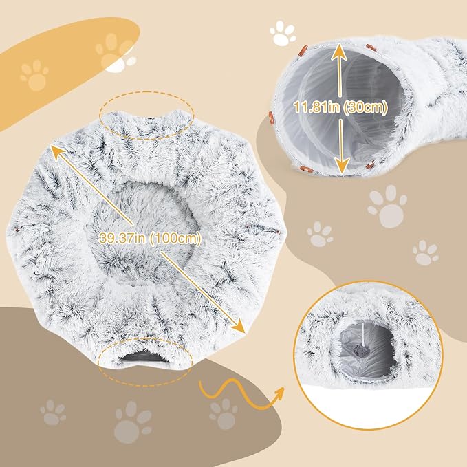 Avont Cat Tunnel Bed, Washable Cushion, Large 3-in-1 Play Tube for Cats | Play, Rest & Snuggle | Spacious for Big Cats | Durable Toggle Design | Removable Washable Cushion | Grey