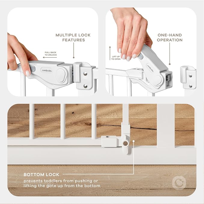 Comfy Cubs Baby Safety Gate with 3 Extensions - Adjustable 42" x 1.9" x 30" Q195 Steel Doorway Barrier - Powder-Coated Finish for Stairs and Doorways - Walk-Through Design Pet Gate - White