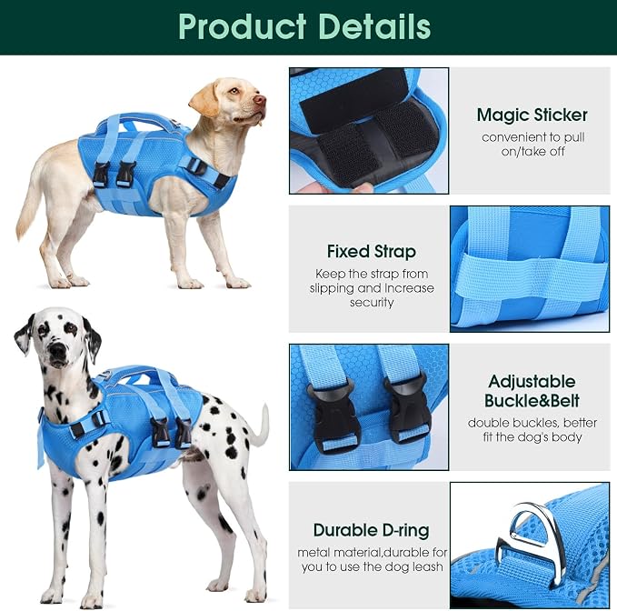 Kuoser Dog Life Jacket High Flotation, Reflective Dogs Life Vest for Swimming Boating, Adjustable Small Medium Large Dog lifejacket, Lightweight Dogs Life Preserver Rescue Handle Spring Summer Pool | Adjustable Dog Lifejackets for Small Medium Large Do...