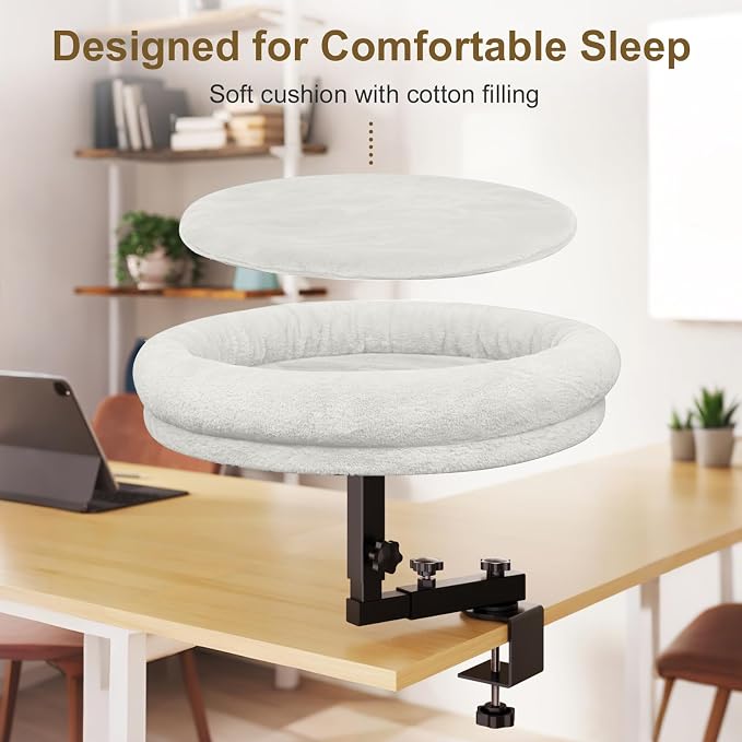 Desk Cat Bed, 18" Cat Bed for Desk, 360° Rotating, White | Cat bed desk with plush cushion, reinforced frame and adjustable position for home or office desks.