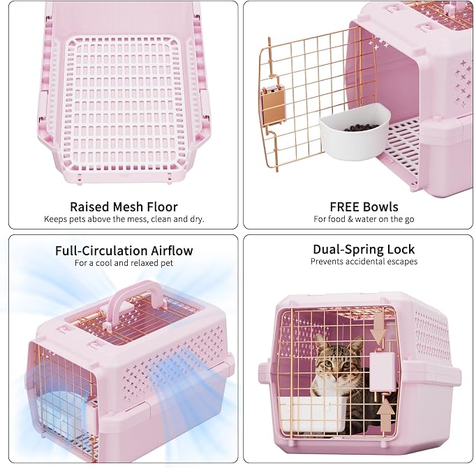 RIZZARI Pet Carrier for Small Dogs & Cats, Airline Approved Travel Carrier | Airline Approved Size,Durable Metal Door,Top Carry Handle,Ventilated Design,Includes Feeding Bowl