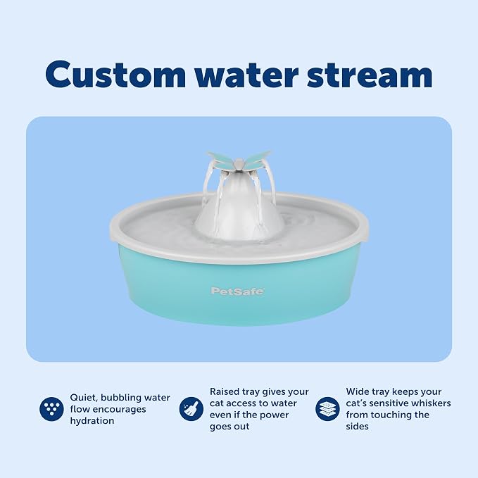 PetSafe Butterfly Cat Water Fountain, Pump & Filters, 50 oz Capacity | Butterfly Topper Creates 4 Water Streams, Replaceable Carbon and Foam Filter Keep Water Fresh and Clean