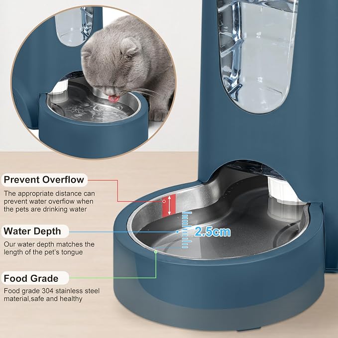 2 Pack Automatic Cat Feeder and Dog Food Feeder, Gravity Stainless Steel Water Dispenser and Waterer Set for Small Medium Puppy Kitten Pets (1 Gallon x 2, Navy Blue)