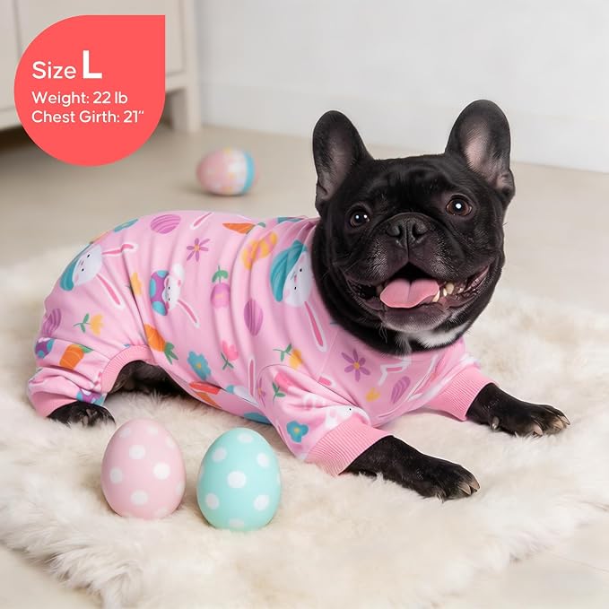 KYEESE Easter Dog Pajamas, Soft Dog Pajamas for Small Medium Dogs Girl, Stretchy Dogs Pjs Velvet Pet Jumpsuit with Eggs & Bunny Pattern, Comfy Lightweight Pet Outfit, Pink, XL