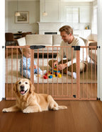 Babelio Metal Auto Close Baby Gate PressGuard P7, 29"-55" Wide Extra Wide Pet Gate for The House and Doorways, Pressure Mounted Walk Thru Child Gate with Door, Brown Wood Pattern