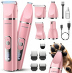 oneisall 4 in 1 Dog Grooming Kit with LCD Display Pink | Paw Hair Trimmer & Nail Grinder, Rechargeable, Cordless, Low Noise, IPX7 Waterproof, 3 Speeds Pet Grooming Clippers