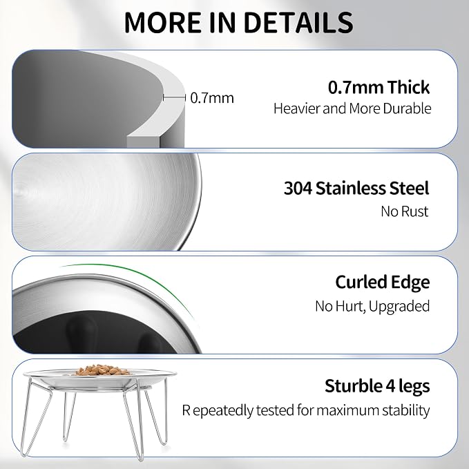 WROSWT Elevated Cat Bowls, 304 Stainless Steel Raised Cat Dishes, Extra Wide Shallow Cat Bowl for Whisker Fatigue Relief & Flat-Faced Breeds, Anti-Vomiting Kitten Feeder with Detachable Stands, 2 Set