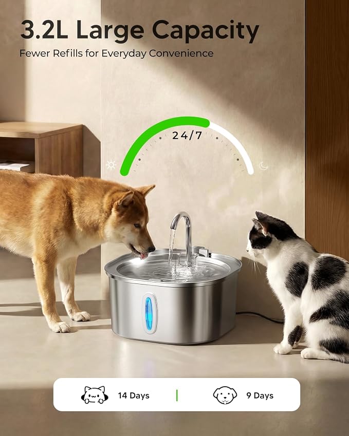 PEKTACO Stainless Steel Cat Water Fountain with 3 Filters, 3.2L/108oz | Cat drinking fountain, dishwasher safe, with triple filtration, quiet pump, and visible water window for cats and small pets
