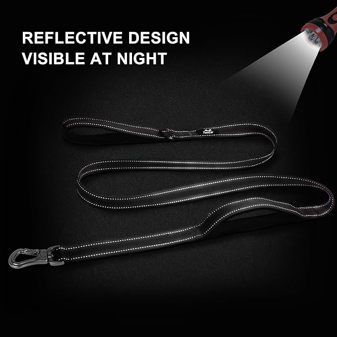 TwoEar 6FT 1IN Strong Black Dog Leash with 2 Padded Handles, Traffic Handle Extra Control, Comfortable Soft Dual Handle, Auto Lock Hook, Reflective Walking Lead for Small Medium and Large Dogs