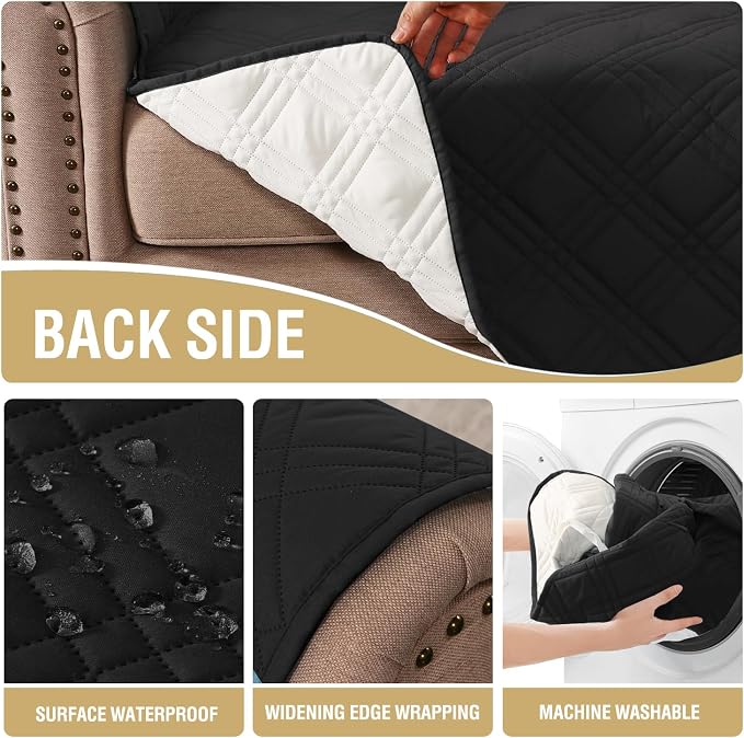 H.VERSAILTEX 100% Waterproof Love Seat Covers Washable Modern Love Seat Covers Thick Soft Couch Cover for Dogs with Elastic Straps (Loveseat, Black/Beige)