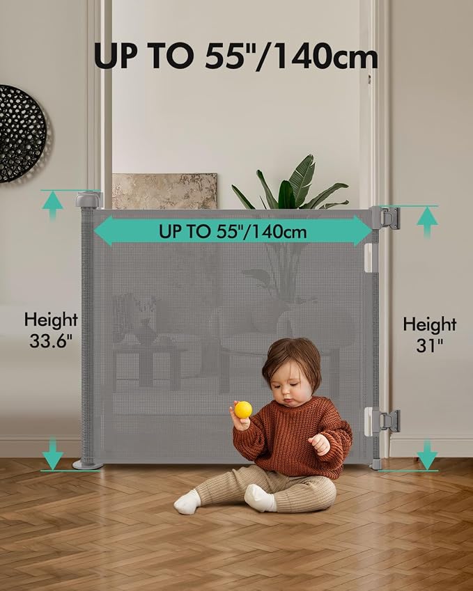 2PCS Retractable Baby Gates, Mesh Dog Gate for Doorways, 33.6" Tall, Expands to 55" Wide,Pet Safety Essential Fit for Baseboards, Wide Toddlers Gates for Hallways, Indoor & Outdoor,Gray