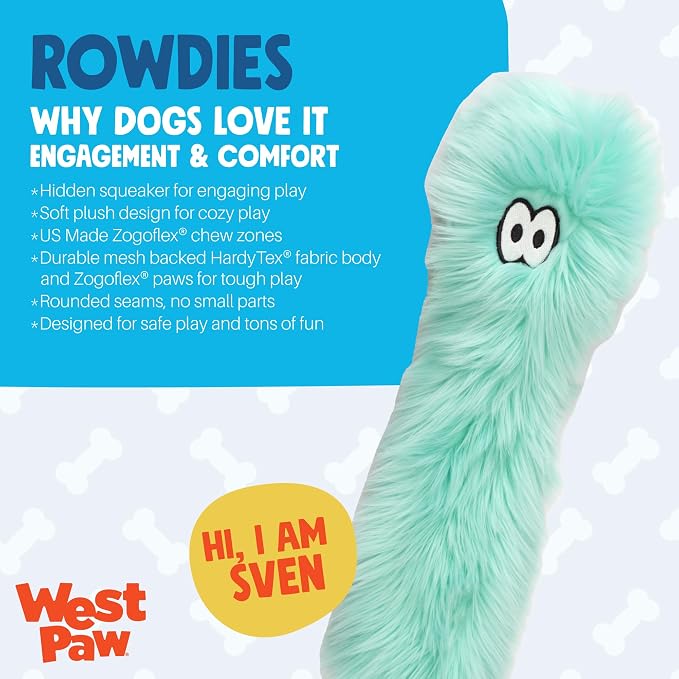 WEST PAW Rowdies Sven Durable Plush Dog Toy with HardyTex Reinforced Seams Squeaker - Soft Plush Exterior Hand Sewn by Skilled Artisans and Made in USA for Dogs - Citrus