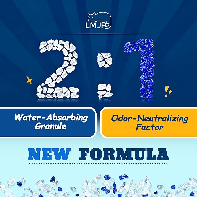 LMJP Crystal Cat Litter for Long-Lasting Odor Control, Non-Clumping, 8.6lb | 2 Months Supply, Unscented, Rapid Water Absorption, Low Tracking, Low Dust, Lightweight, Blue & White Silica, 2 Pack of 4.3lb