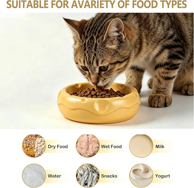 6.3 Inch Ceramic Cat Bowls with Food Mat, 3D Cheese Shapes | Extra Wide Food & Water Bowls 300 ml, High Capacity for Small Dogs & Cats, Dishwasher and Microwave Safe