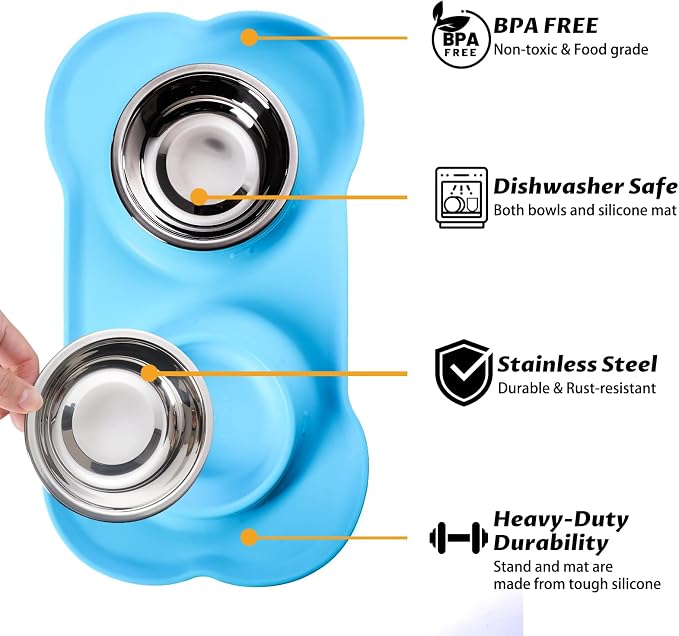 Hubulk Pet Dog Bowls 2 Stainless Steel Dog Bowl with No Spill Non-Skid Silicone Mat + Pet Food Scoop Water and Food Feeder Bowls for Feeding Small Medium Large Dogs Cats Puppies (Small, Turquoise)