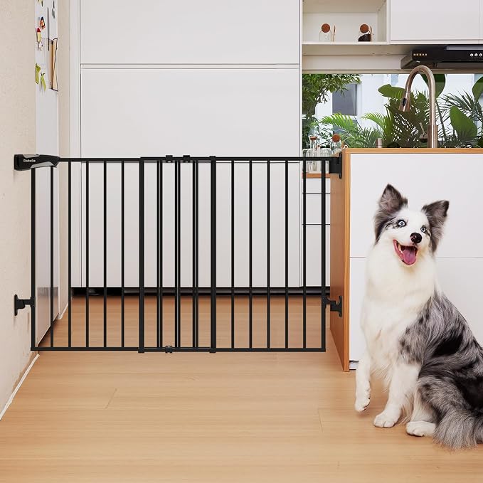 Babelio 31.5-55" No Bottom Bar Baby Gate Extra Wide, 2-in-1 Auto Close Dog Gate for The House, Stairs and Doorways, with Large Walk Thru Door, Black | Easy Install| One-handed Opening| Auto-close| Drill Needed Indoor Safety Dog/Pet Gate for Stairs, Hal...