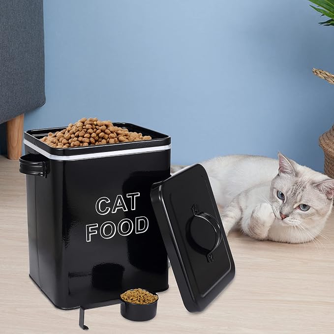 Cat Food Storage Container Farmhouse Pet Food Storage Containers with Lid and Scoop, Perfect Vintage Canister Treats Tin for Kitchen Countertop, Shelf, Great Gift for Pet Owners - Cat Food - Black