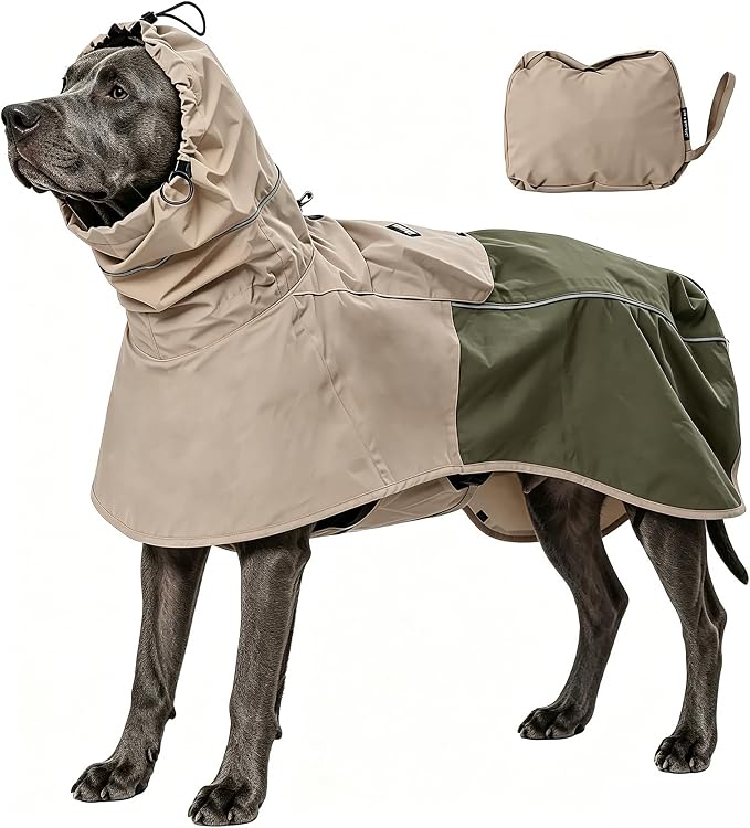 MAMORE Dog Raincoat, Waterproof Rain Jacket for Small Medium Large Dogs, Windproof Reflective Adjustable Breathable Pet Rain Coat with Storage Pocket and Leash Holes (Tan Green, X-Large)