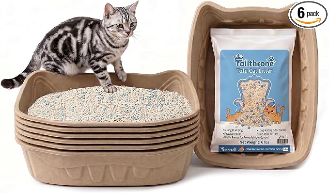Disposable Cat Litter Box Kit Large, 6 Pack with Tofu Litter | 95% Bamboo Fiber, Ready-to-Use Solution, Odor Control, No Liners, No Scrubbing, Leak-Resistant, Travel & Multi-Cat Households