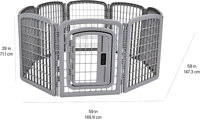 Amazon Basics 8-Panel Octagonal Plastic Dog Playpen, Indoor/Outdoor Pet Fence with Gate, Exercise Pen for Puppies and Small Animals, 28 inches, Grey